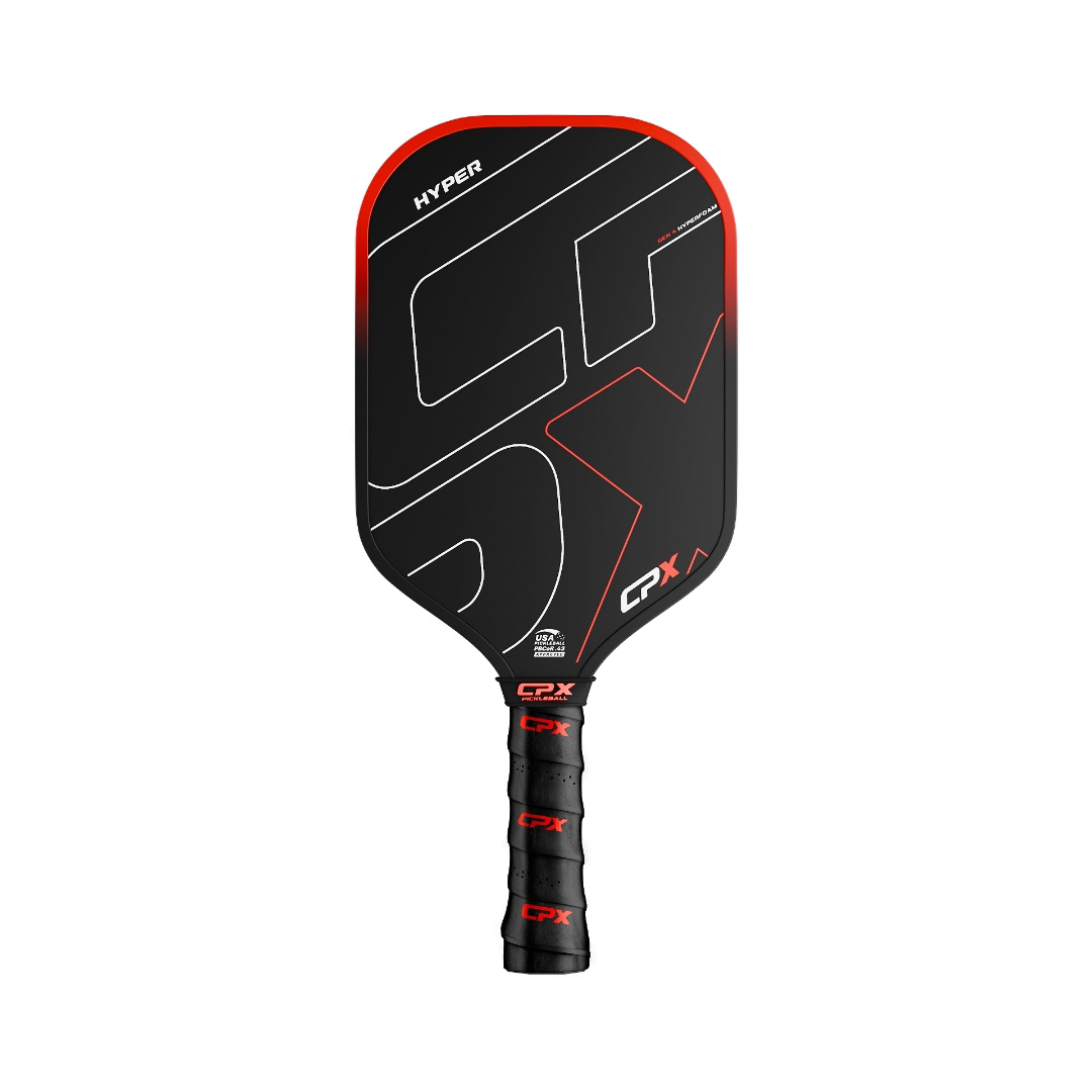 CPX HYPER+ Pickleball Paddle — black paddle with red edge guard, HYPER text, CPX branding, USA Pickleball Approved
